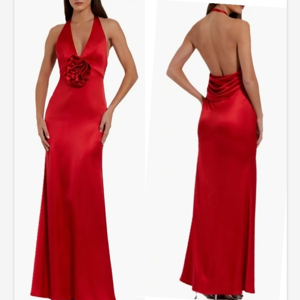 Mac Duggal Red Fitted Satin Sleeveless Halter Gown With 3D Flower Sz 2 NEW
